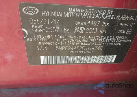 2015 Hyundai Sonata Se from USA, damaged, VIN 5NPE24AF2FH114748